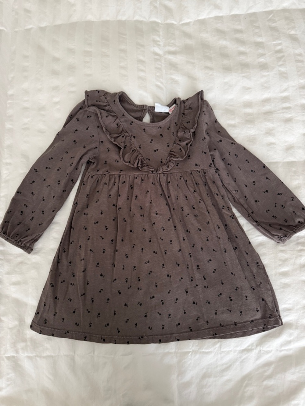 Zara Grey Long Sleeve Ruffle Yoke Dress with Black Ditsy Print